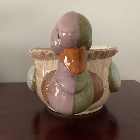 Vintage 1987 Duck/Goose Ceramic Planter Signed REHM Tan/Green/Orange 7" X 6" - Picture 4 of 12